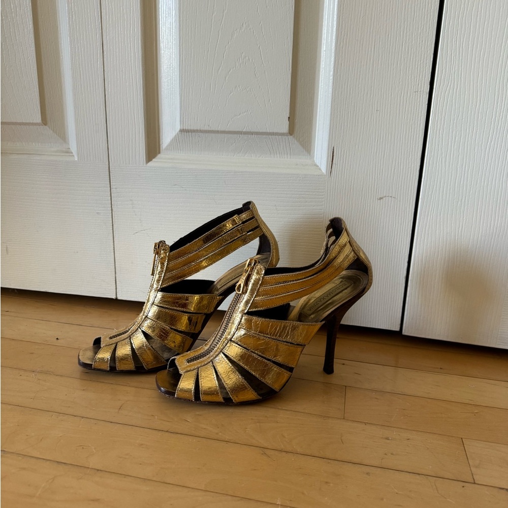 BCBG Gold Leather Gladiator Sandals